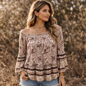 American Eagle Boho Off the Shoulder Paisley Bell Sleeve Peplum Blouse Small